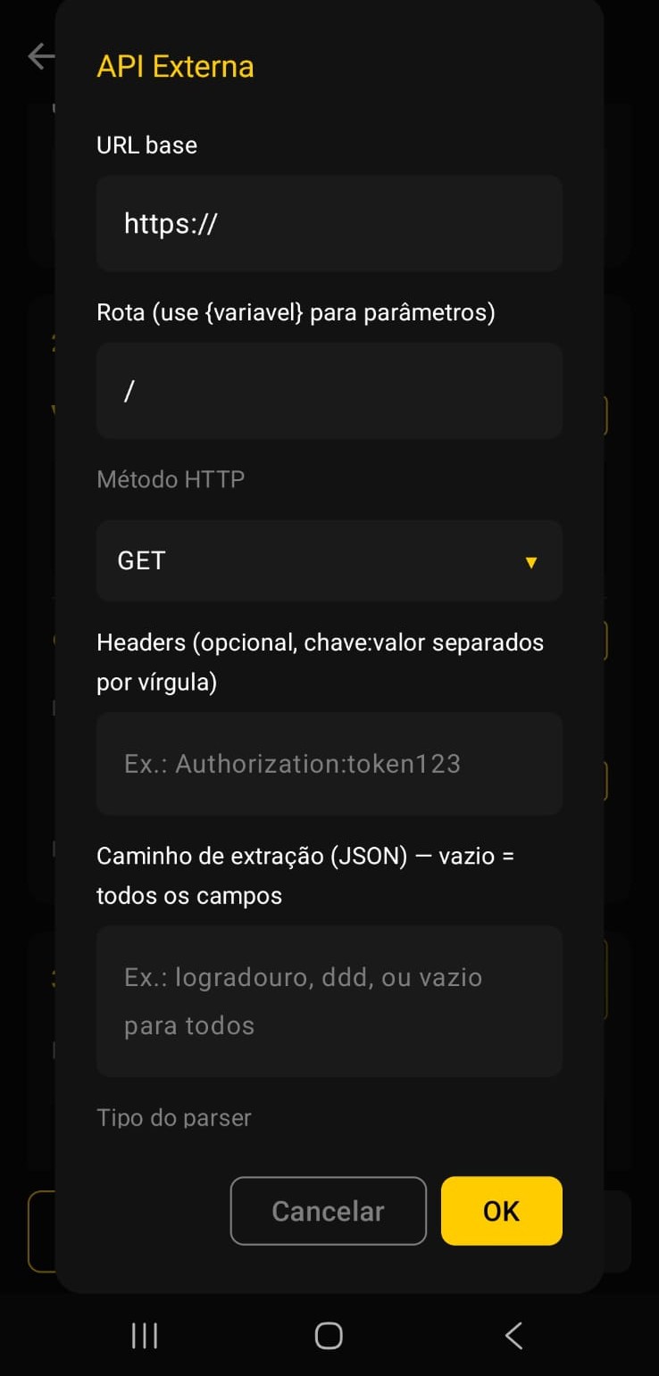 Exemplo — Api de cotação configurada com URL, método, extração e cache