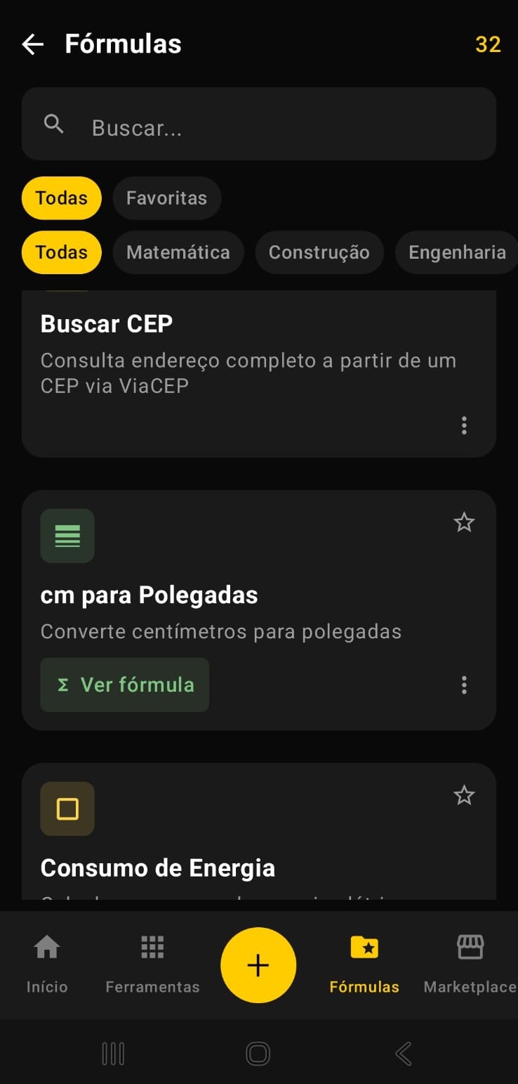 Fórmulas — lista de fórmulas